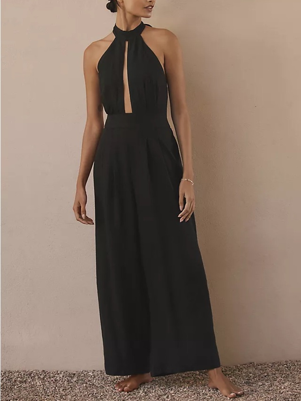 By Anthropologie (NWT) Mock neck plunge linen blend wide leg jumpsuit - Black